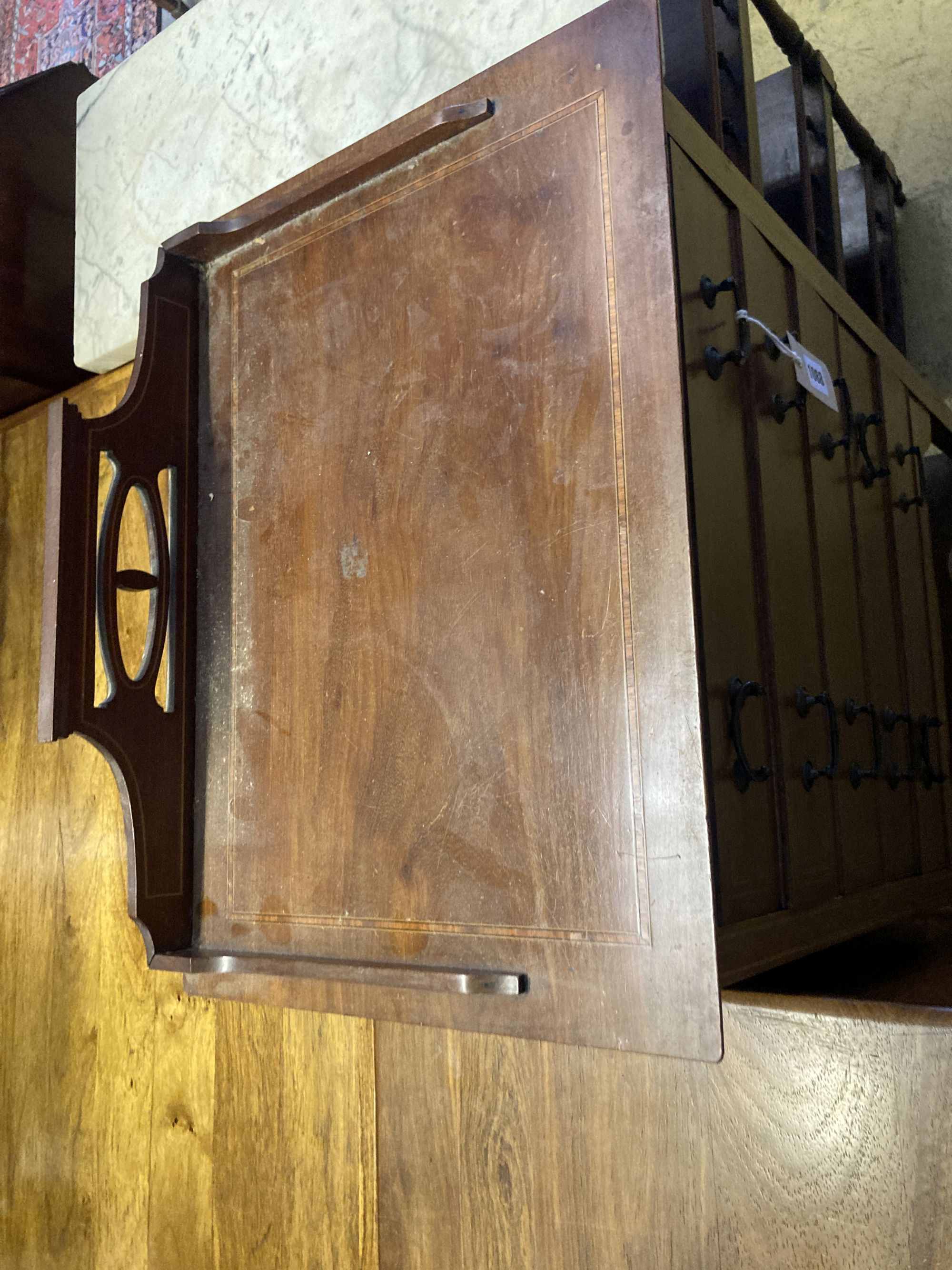 An Edwardian satinwood banded mahogany music cabinet, width 53cm, depth 37cm, height 104cm